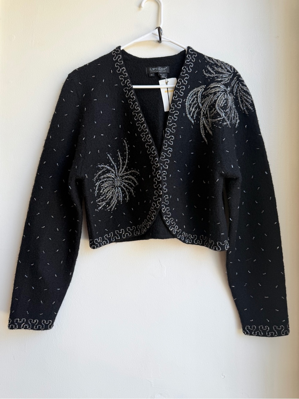 VTG Karen Kane Petite 100% Wool Beaded Cropped Cardigan Jacket Black M NWT